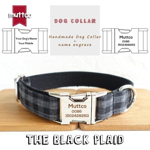MUTTCO solid durable dog collar THE BLACK PLAID engraved pet name phone number Anti-lost convenient to walk the dog UDC075