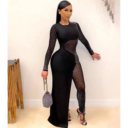 Luxury Rhinestone Sparkly Culotte Jumpsuit Women Mesh Sheer Long Sleeve Romper Sexy Birthday Nightclub Bodycon Party Overalls