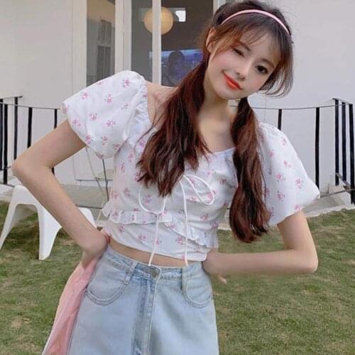 Vintage Casual Female Square Collar Shirts Floral Lantern Sleeves Short Shirt Womens Cropped Bustier Tops Blouses