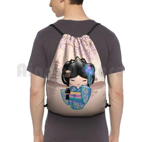 Japanese Keiko Kokeshi Doll Backpack Drawstring Bag Riding Climbing Gym Bag Keiko Kokeshi Doll Cute Girly Sakura Cherry