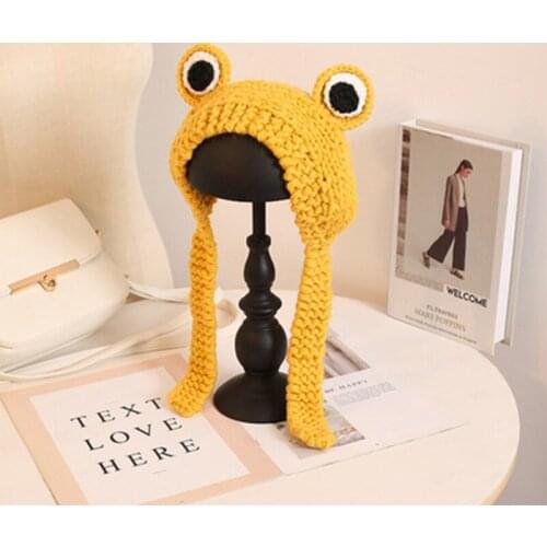 2021 Female Cute Knitted Headband Female Soft Cute Frog Solid Color Hat Korean Winter Warm Earmuff Hat Parent-child Knitted Hat
