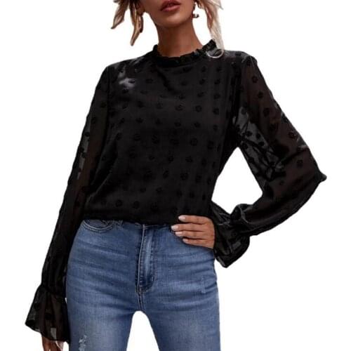 Women Loose Chiffon Round Neck Blouse Autumn Ruffle Long Sleeve Top AM6025