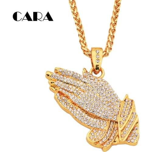 2019 New Rhinestones Praying Hands Hiphop Bling Necklace Mens Gold Religous jewelry Iced Out Prayer Jesus Women Men CAGF0169