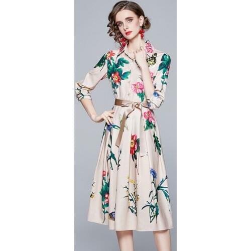 2021 Spring Runway Fashion Party Dress Women Elegant 3/4 Sleeve Butterfly Floral Print Belt Vintage Female Midi Dress Vestidos