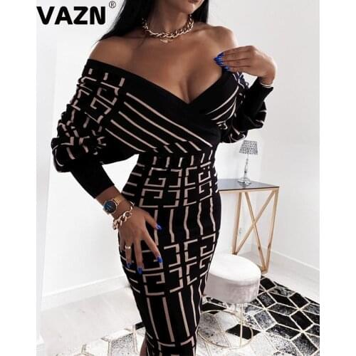 VAZN 2020 Autumn Vintage Sexy Elegant Mature Fashion Deep V-Neck Full Sleeve Women High Waist Thin Pencil Midi Dress