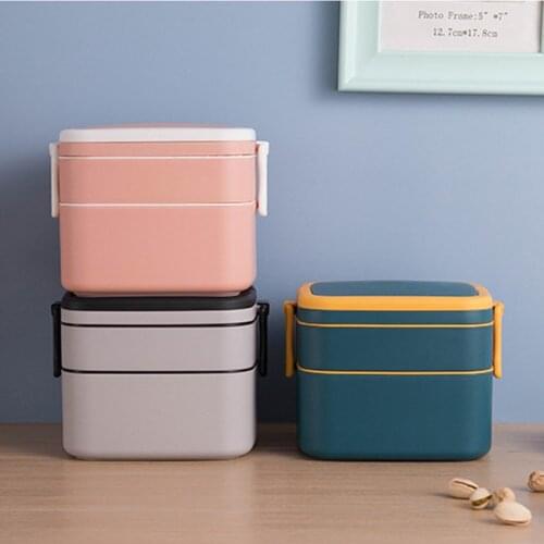 2-Tier Bento Lunch Box Square/Round Stackable Lunch Container Microwave Safe With A Spoon Portable Lunch Box Kitchen Tools