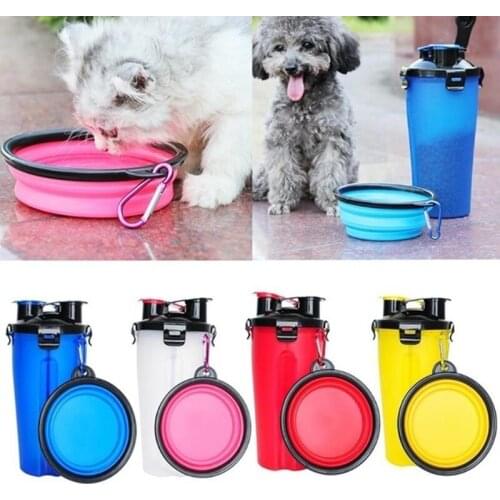 Pet Bowl Outdoor Travel Dog Cat Puppy Feeder Cup Portable 2 in 1 Pet Water Bottle Food Container With Folding Silicone 7 Colors