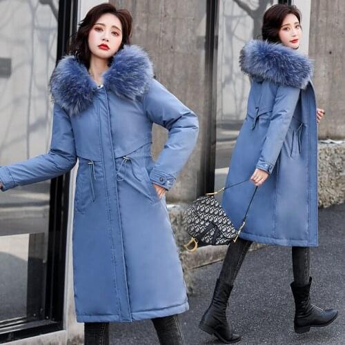 2021 Winter Women Fleece Inside Long Parkas Jackets Thicken Warm Fur collar Hooded padded Coat Female Winter Lady Outwear parkas