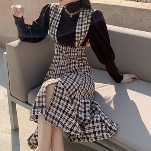 Strap Dresses Check Velvet Vintage Korean Fashion Suits Plover Fishtail Puff Long Sleeve Turtleneck Warm 20 Winter Shirt Elegant