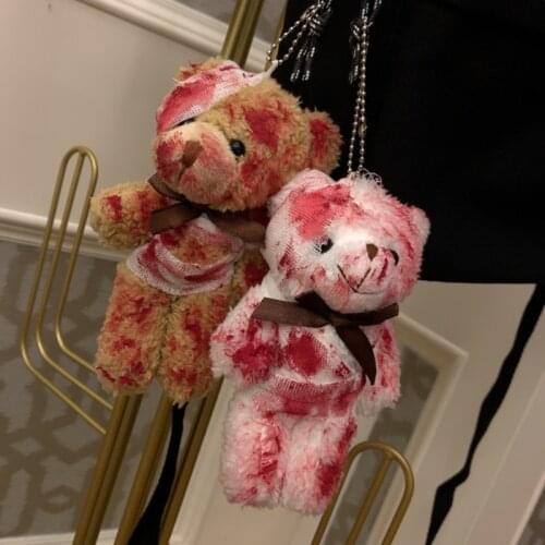 Punk Bloody Plush Bear Keychain Creative Fashion Cool Girls Boys Pendant Gift Halloween Injured Animal Doll Key Ring For Bags