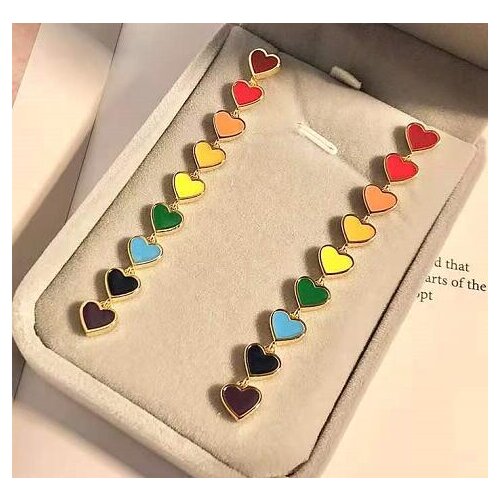 Pure 925 Sterling Silver Jewelry Women Long Drop Heart Earrings Luxcy Party Earrings Rainbow Color Gold Color Colorful Earrings