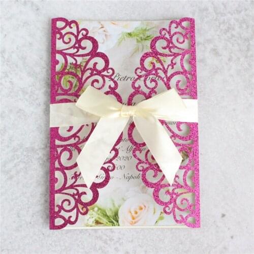 Elegant glitter invitation card wedding business universal party paper card with ribbon multi colors