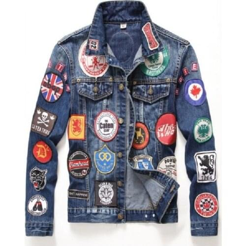 Hot Sale Winter European American Style Pattern Mens Badge Denim Jacket Brand Luxury Men Outerwear & Coats Blue Denim Jacket