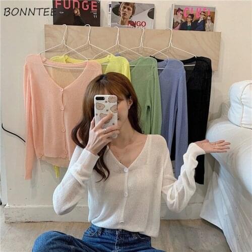 Cardigan Women Kawaii Loose Sweet Spring Knitting 5 Colors Casual V-neck Soft Button Female Solid Cropped Fashionable Breathable