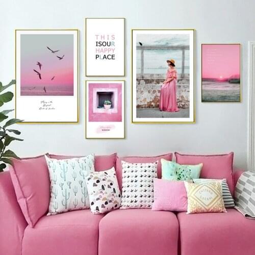 Pink Sunset Beach Sea Landscape Character Woman Letter Canvas Painting Wall Picture Printing Poster For Living Room Decoration