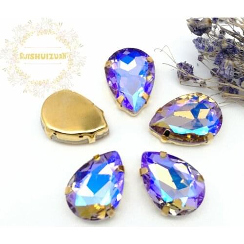 Crystal violet AB Dazzle color Water drop Glass Crystal sew on rhinestones with GOLD four claw Diy weddingdress Free shipping