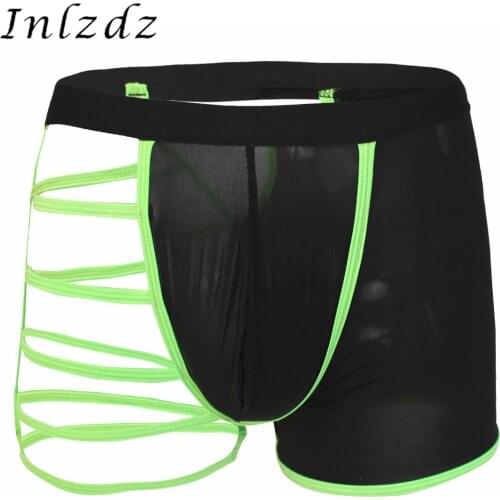 Mens Erotic Lingerie Boxer Briefs Underwear with One Leg of Hollow Design Male Sexy Underpants