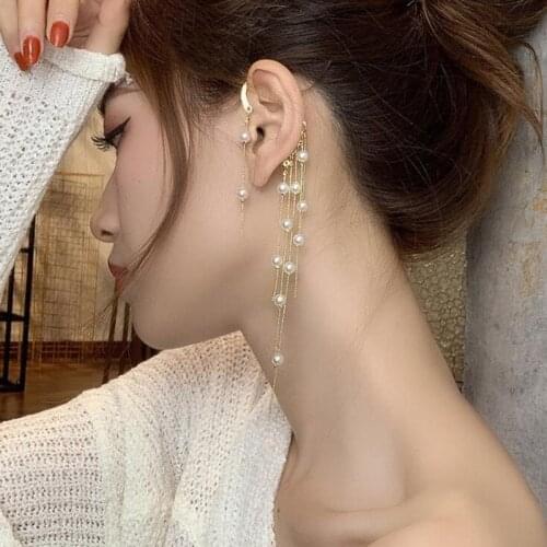 Flashbuy 1 PC Single New Korean Pearl Earrings 2020 Long Drill Arc Ear Hanging Clip Earrings for Women Minimalist Ear Cuff