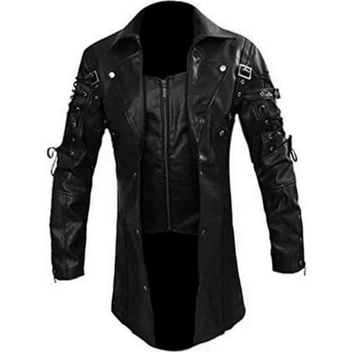 2019 New Faux Leather Jacket Zipper Steampunk Gothic Men Party Cosplay Collar Motorcycle Jackets Autumn Male PU Leather Coat