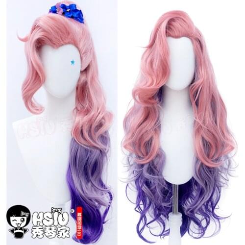 HSIU game LOL KDA League of Legends Cosplay Seraphine Wig Grapefruit pink gradient purple color long hair + Free brand wig cap