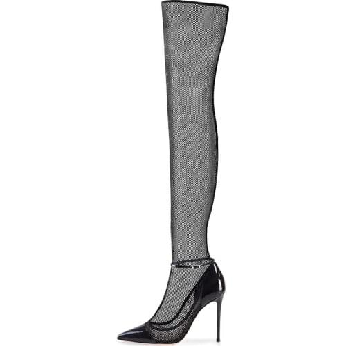 Sexy Lady Lace Long Boots Shoes Woman Mesh Over The Knee Cool Boots Black Thin Heels High Heels Booties Rome Botas Femininas