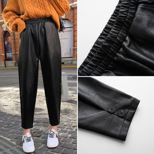 Autumn and winter new style black artificial leather womens pants elastic waist womens PU harem pants street fashion trousers