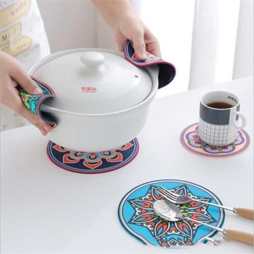 Silicone Bowl Mat Retro Pattern Anti-slip Mat Heat-resistant Round Heat Insulation Cup Mat Furniture Supplies Kitchen Decoration