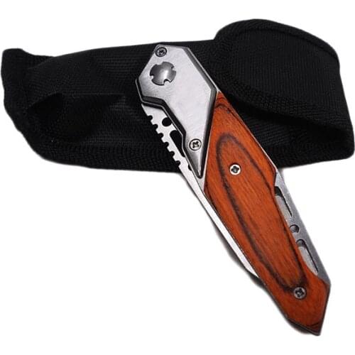 Folding Pocket Knife Survival Tactical Knife Wood Handle Outdoor Camping Hunting Knives EDC Fishing Self-defense Tools Nylon Bag