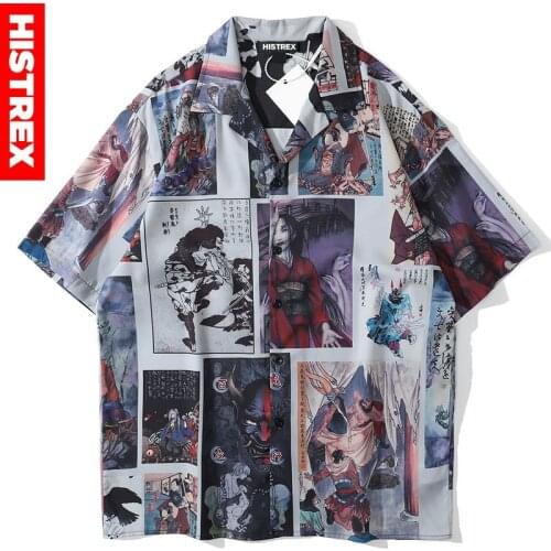 HISTREX Japan e-ukiyoe Demon Shirts For Men Summer Dress Shirt Loose Brand Blouses Vintage Hawaii Social Mens Shirts 460X8