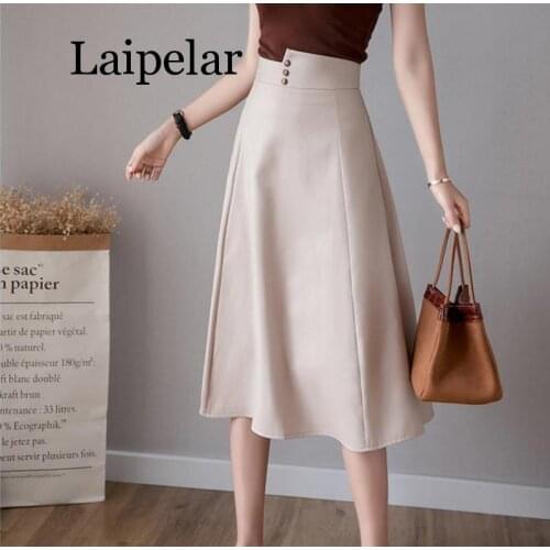 Laipelar Women Spring Summer High Waist Midi Skirt Casual Solid Color Ruffles Button Skirts Black Beige Skirts Female 2019