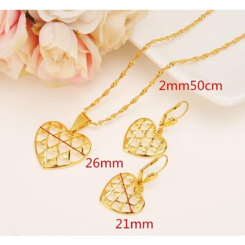 NEW HOT Romantic Heart Pendant Necklace chain Earrings sets Jewelry 14 k Real Fine Gold GF Filled Bead Necklaces Sets Women