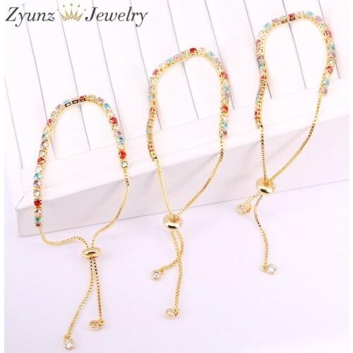 10PCS, Slim Cluster Prong Set Colorful CZ Tennis Link Chain Bracelet, Thin Gold Colour Bracelets for Women Girls Friend Jewelry