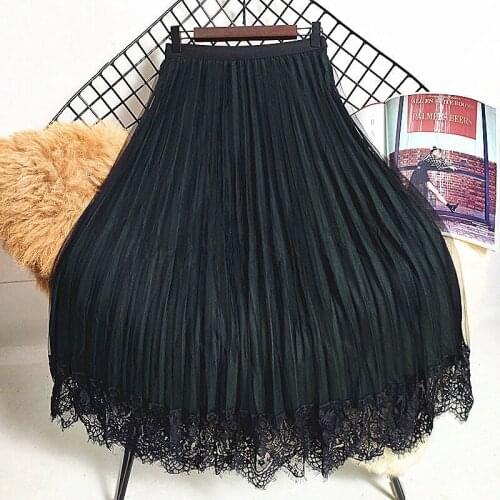 Women 2021 Spring Autumn Two Sides Wear Midi Skirt Female Lace Tulle Skirt High Waist Pleated Ladies Casual A-Line Skirt B865