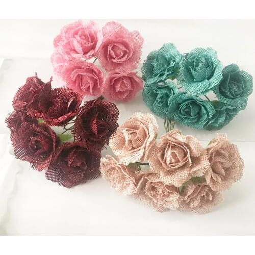6pcs Mini linen Roses Bud Artificial Flower Bouquet for Wedding Home Party Decoration DIY Handmade Fake Flower Christmas Decor