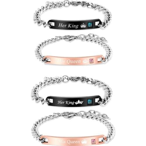 His Queen Her King Gold Crowns for Womens Male Chain Crystal Couple Stainless Steel Bracelet with Rhinestone Luxury Jewelry