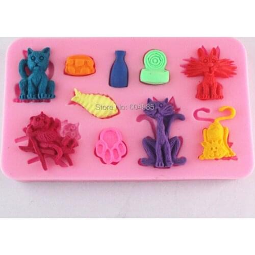 Cats & fish fondant cake molds soap chocolate mould for the kitchen baking FM091