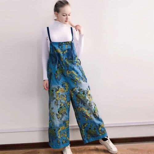 Women Printed Vintage Denim Jumpsuits Ladies Loose Print Spliced Wide Leg Overalls Denim Pants Trousers Female Denim Rompers