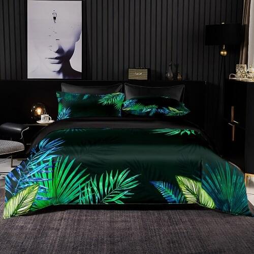 Green Leaves Pattern Duvet Cover Set With Pillowcase,264x228 Quilt Cover,210x210 Blanket Cover,Black Extra Large Bedding Set