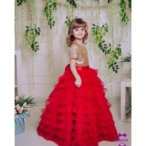 Short sleeve golden sequin girl red puffy princess ball gowns ruffles girls celebration pageant dresses ball gowns custom red