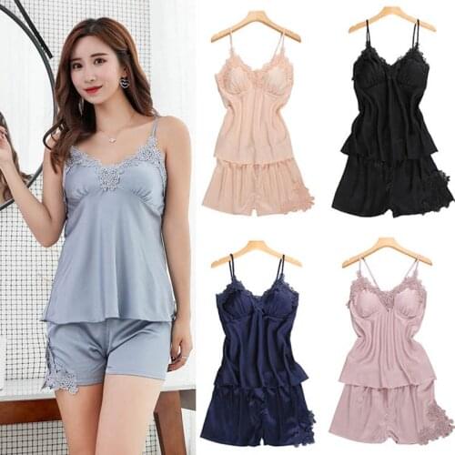 Summer Pajamas Women Sexy Satin Pajama Set Comfortable Sleeveless Lace Sleepwear Lingerie Nightwear Sets