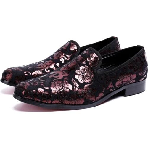 Italian Shoe Men Genuine Leather Slip On Loafers Red Floral Wedding Dress Shoes For Men Evening Party Sapato Social Shoes Male