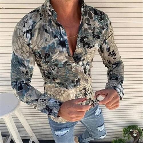 Autumn 2020 New Mens Shirt Long Sleeve Lapel Print Shirt Fashion Loose Casual Mens Shirt Oversize Single Breasted