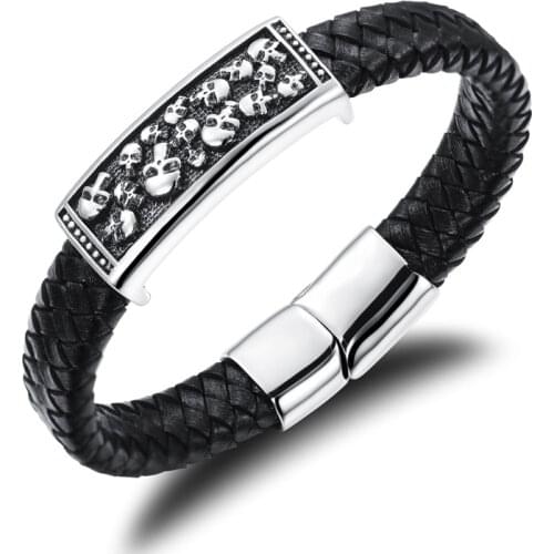 Punk Mens Bracelet Stainless Steel With Braided Leather Skull Heads Charms Skeleton Bracelets 22cm