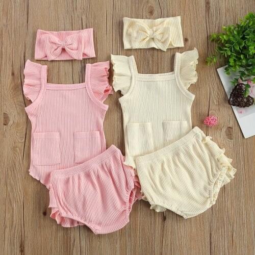0-18M Newborn Baby Girl Solid Color Cotton Bodysuit Tops Ruffles Bloomers Shorts Headband 3PCS Baby Clothing Set