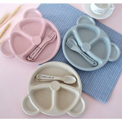 Cartoon Childrens Grid Plate Kindergarten Student Cutlery Set 3 Piece Couvert Bebe Vaisselle Solid Feeding Tableware Assiette