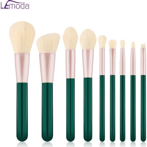 Lemoda Makeup Brushes Set Wood Handle 9pcs Dark Green Eyebrow Eyeshadow Powder Foundation Brush Makeup Tools