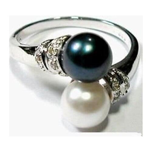 Charming black white shell pearl womens ring 7#8#9