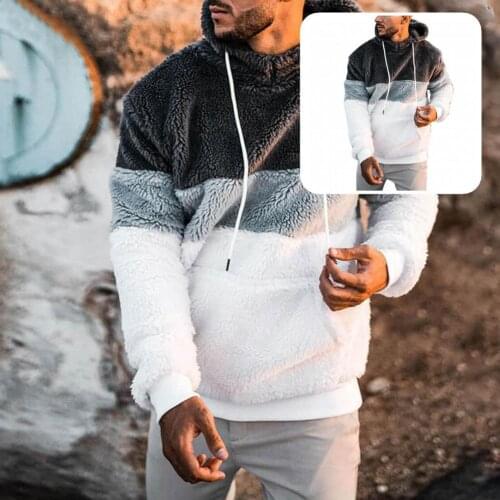 Autumn Winter Trendy Color Block Warm Men Sweatshirt Clothes Fluffy Sweatshirt Drawstring Outerwear