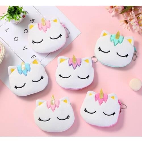 Unicorn Kids Gift Coin Purse Cute Cat Fur Circle Wallet Girl Clutch Embroidered Bag Key Earphone Organizer Pouch