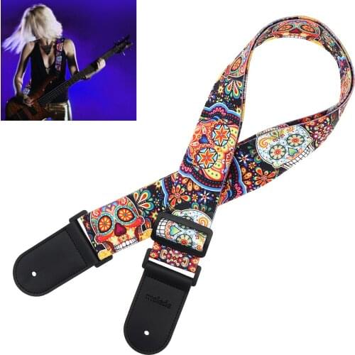 Florescent Pattern Printing Durable Guitar Strap with PU Leather Ends 5cm Wide Adjustable 110 -150cm Length for Guitar Bass
